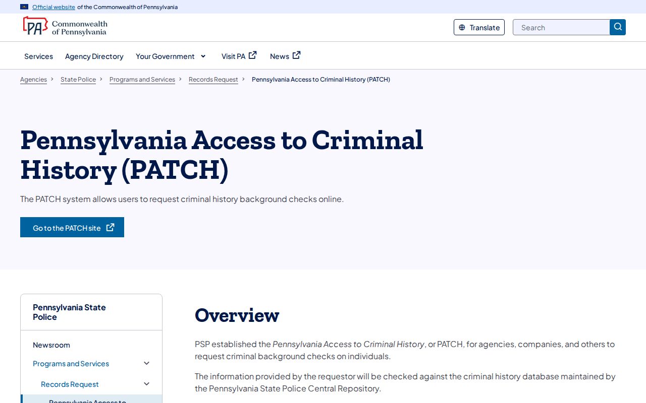 Mount Carmel criminal records access through the Pennsylvania State Police PATCH overview