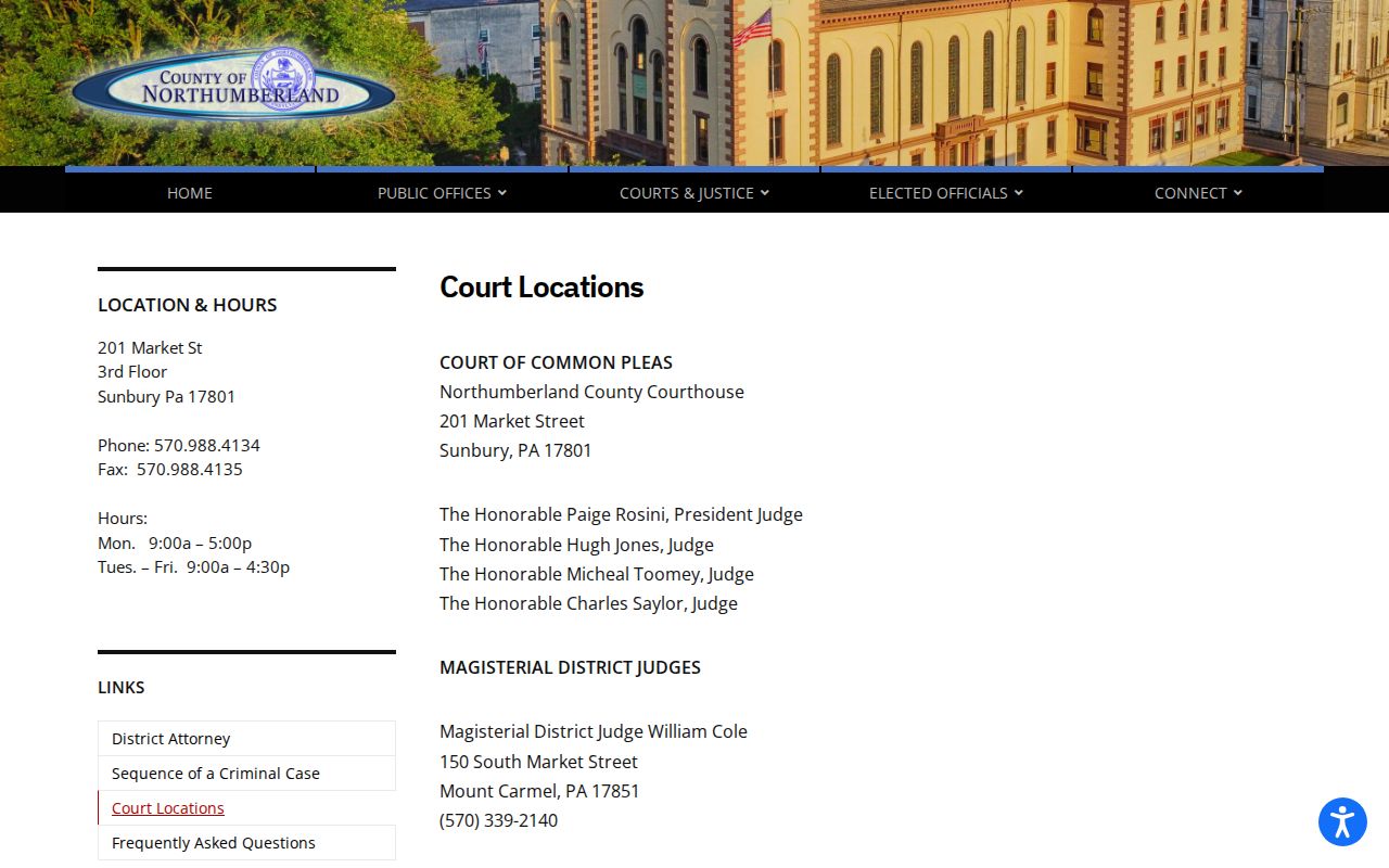 Northumberland County criminal court locations directory