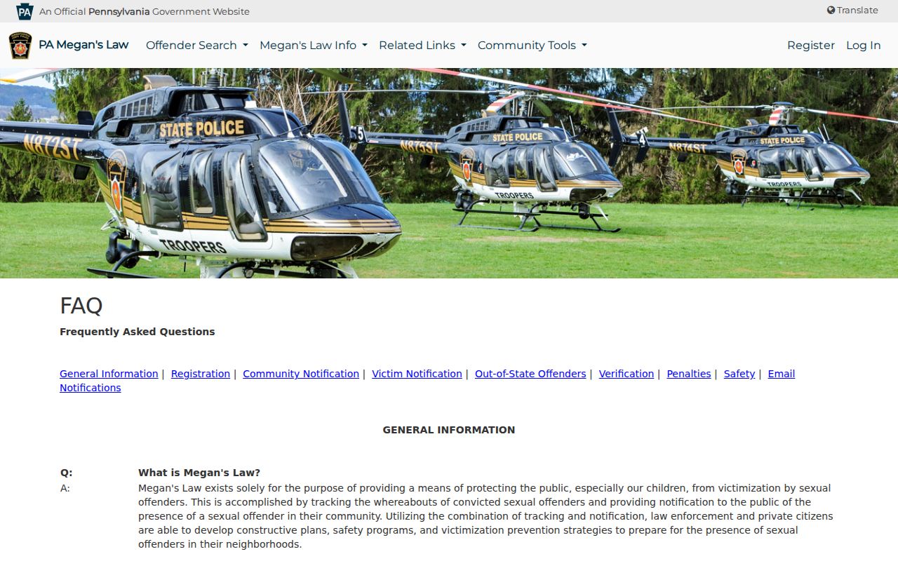 Northumberland County sex offender registry profile field information