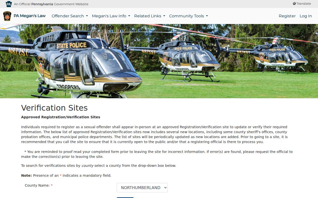 Northumberland County sex offender verification site listing