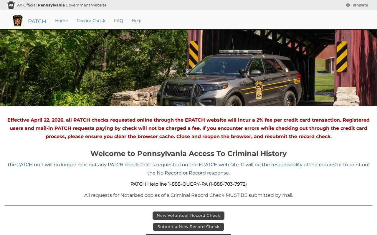 Northumberland County criminal history PATCH request screen