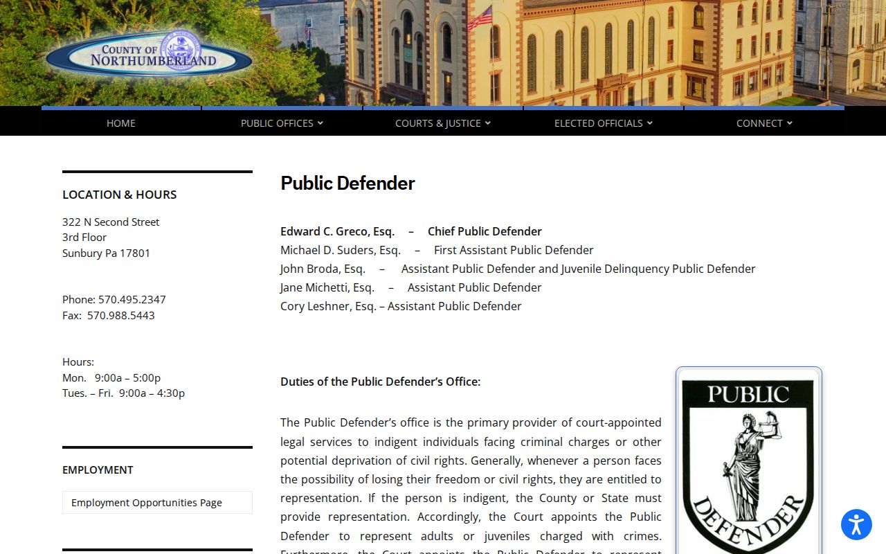 Shamokin criminal records routing to the Northumberland County Public Defender office