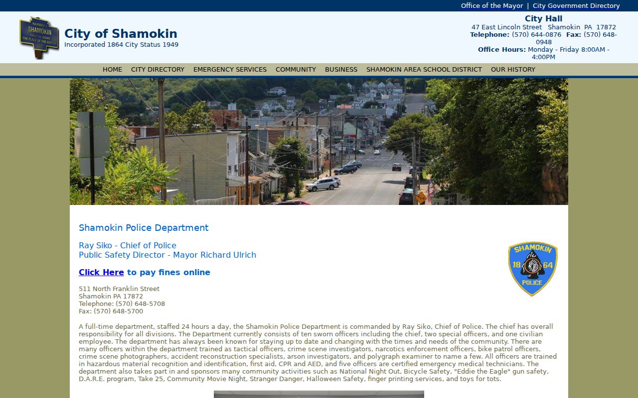 Shamokin criminal records information on the official Shamokin Police page
